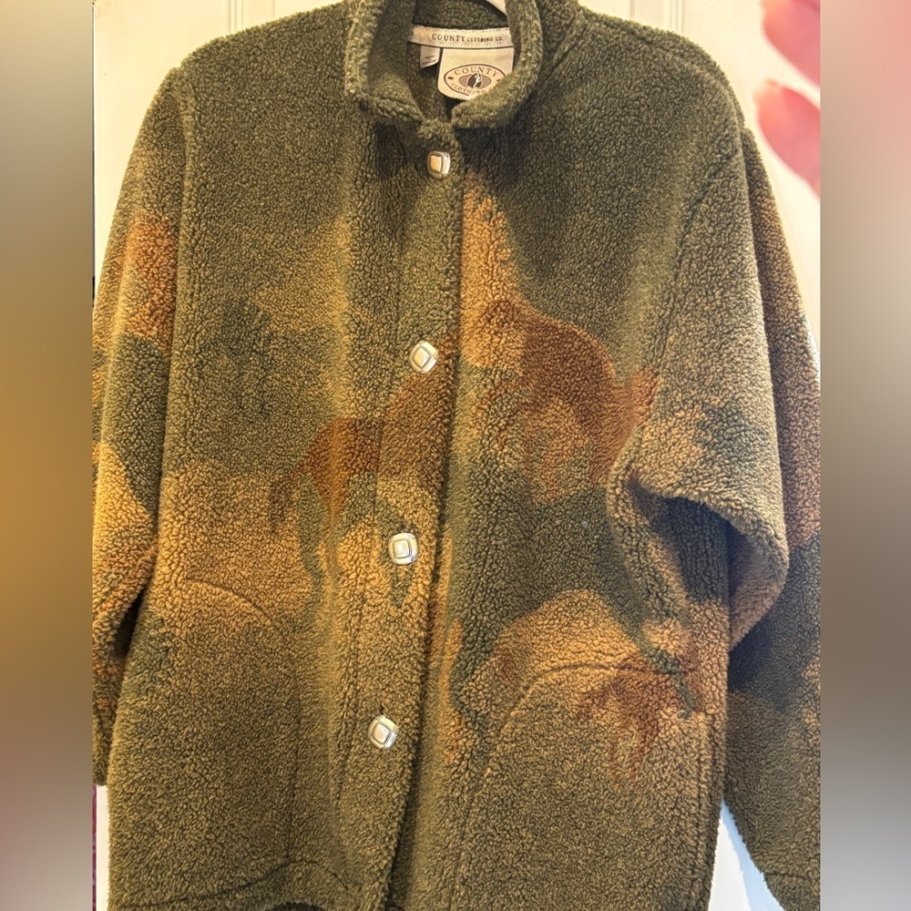 COUNTRY CLOTHING CO. GREEN BROWN FLEECE JACKET WITH HORSE DESIGN OVERSIZED SMALL